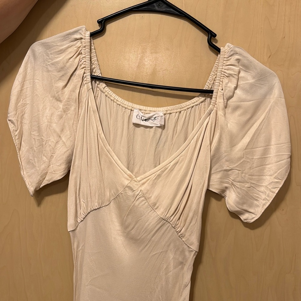 Off-Shoulder Cream Satin Maxi Dress - Picture 7 of 10